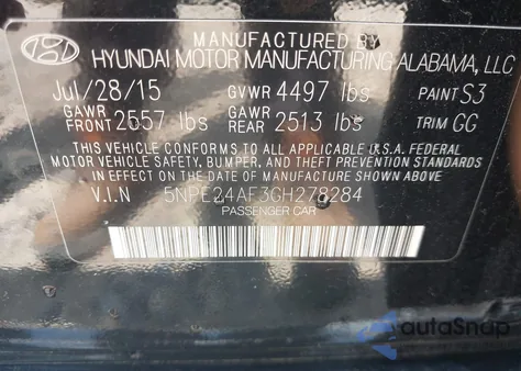 2016 Hyundai Sonata Se из США, поврежденный, VIN 5NPE24AF3GH278284